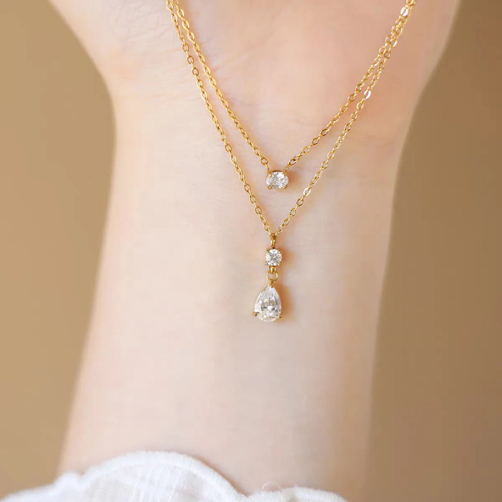 Collier Éclat de Goutte Double Chaîne Dorée en Acier Inoxydable & Zircon