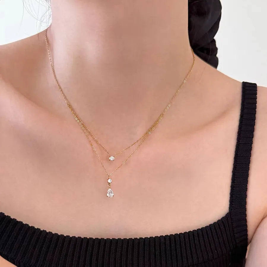 Collier Éclat de Goutte Double Chaîne Dorée en Acier Inoxydable & Zircon
