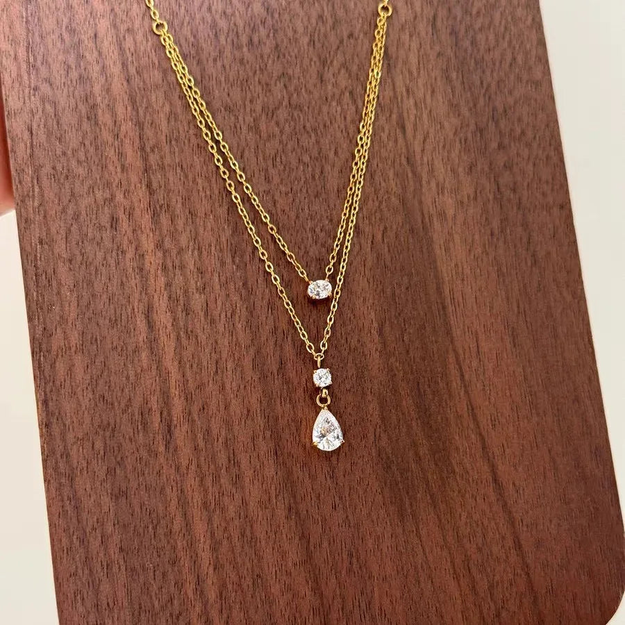 Collier Éclat de Goutte Double Chaîne Dorée en Acier Inoxydable & Zircon
